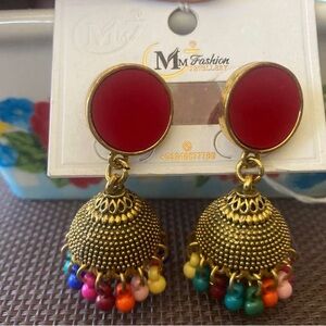 MNM Fashion Gold-Tone Jhumka Earrings with Red Tops and Multicolor Beads